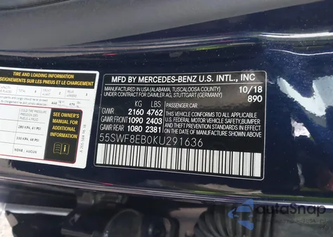 2019 Mercedes-Benz C 300 4Matic z USA, uszkodzony, nr VIN 55SWF8EB0KU291636